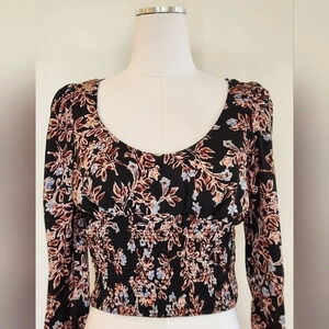 NWT || FREE PEOPLE || Santiago smocked blouse, crop, black, floral, size small